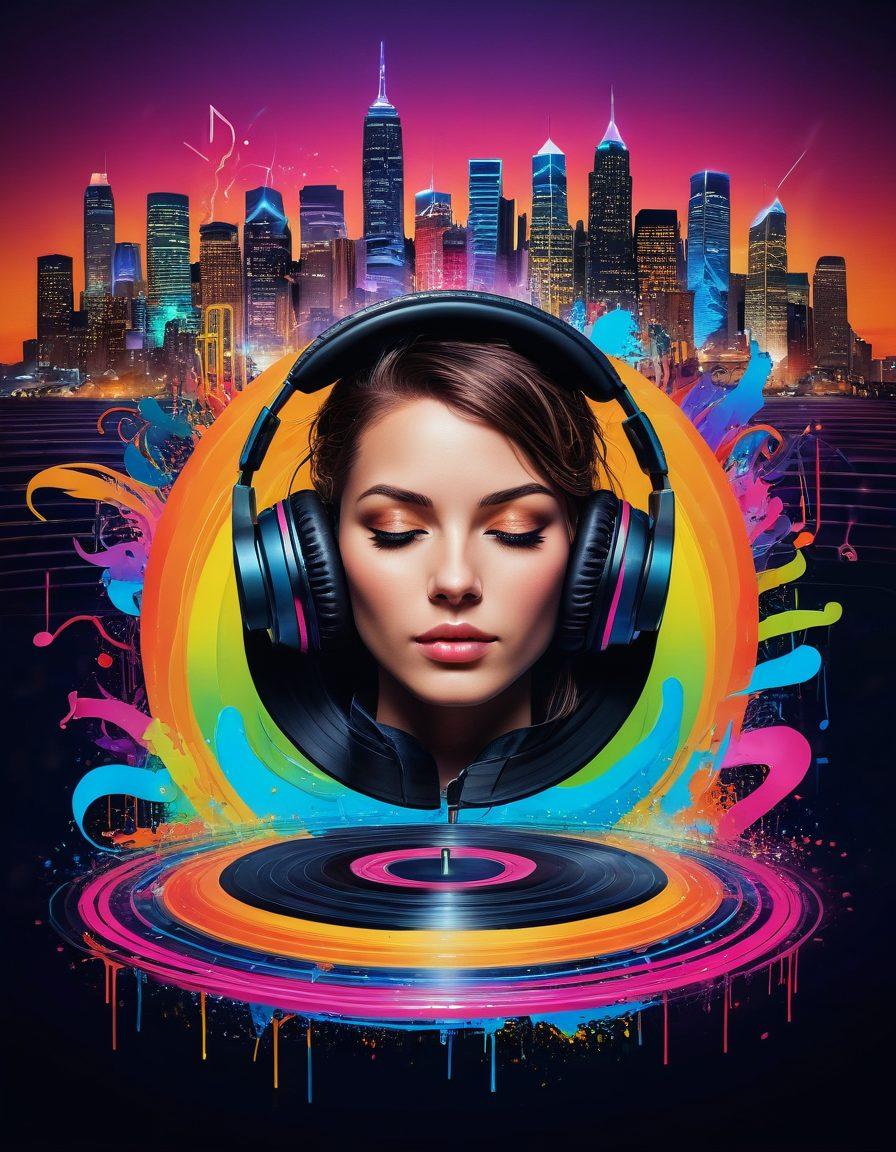 A vibrant collage of music elements featuring an open vinyl record, colorful sound waves, and headphones entwined with musical notes. The backdrop shows a bright city skyline with vinyl shop signs and a crowd enjoying street performers, embodying the pulse of music culture. High-energy feel that captures the essence of music reviews and recommendations. super-realistic. vibrant colors. energetic atmosphere.