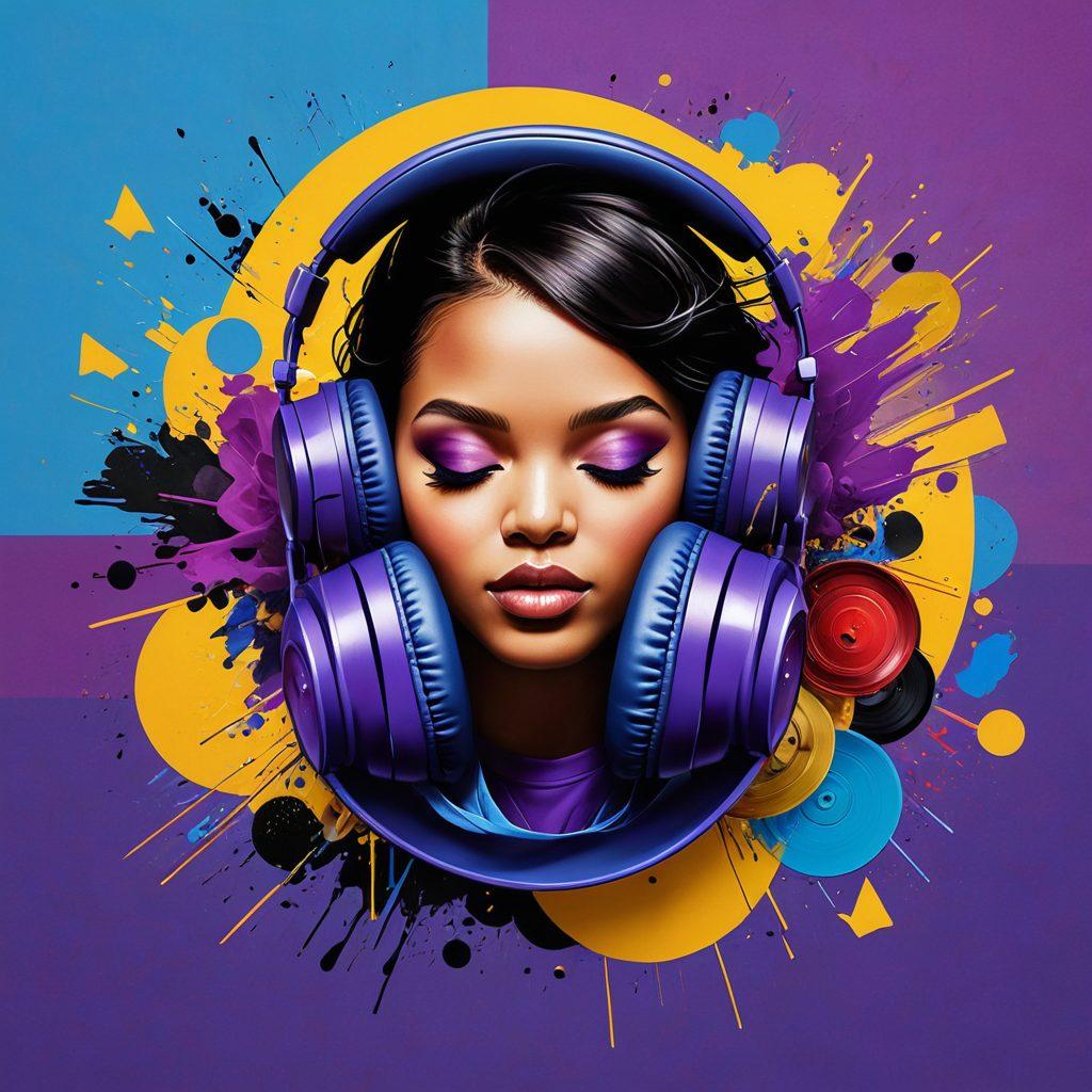 A vibrant collage featuring diverse music genres like pop, hip-hop, and electronic, beautifully illustrated with YouTube music icons, headphones, and vinyl records. Add a rhythmical flow of sound waves interweaving through the design, and hints of dancers in motion to symbolize discovery and trends in music. Incorporate a dynamic color palette with splashes of purple, blue, and gold for energy. Painting style. vibrant colors. lively background.