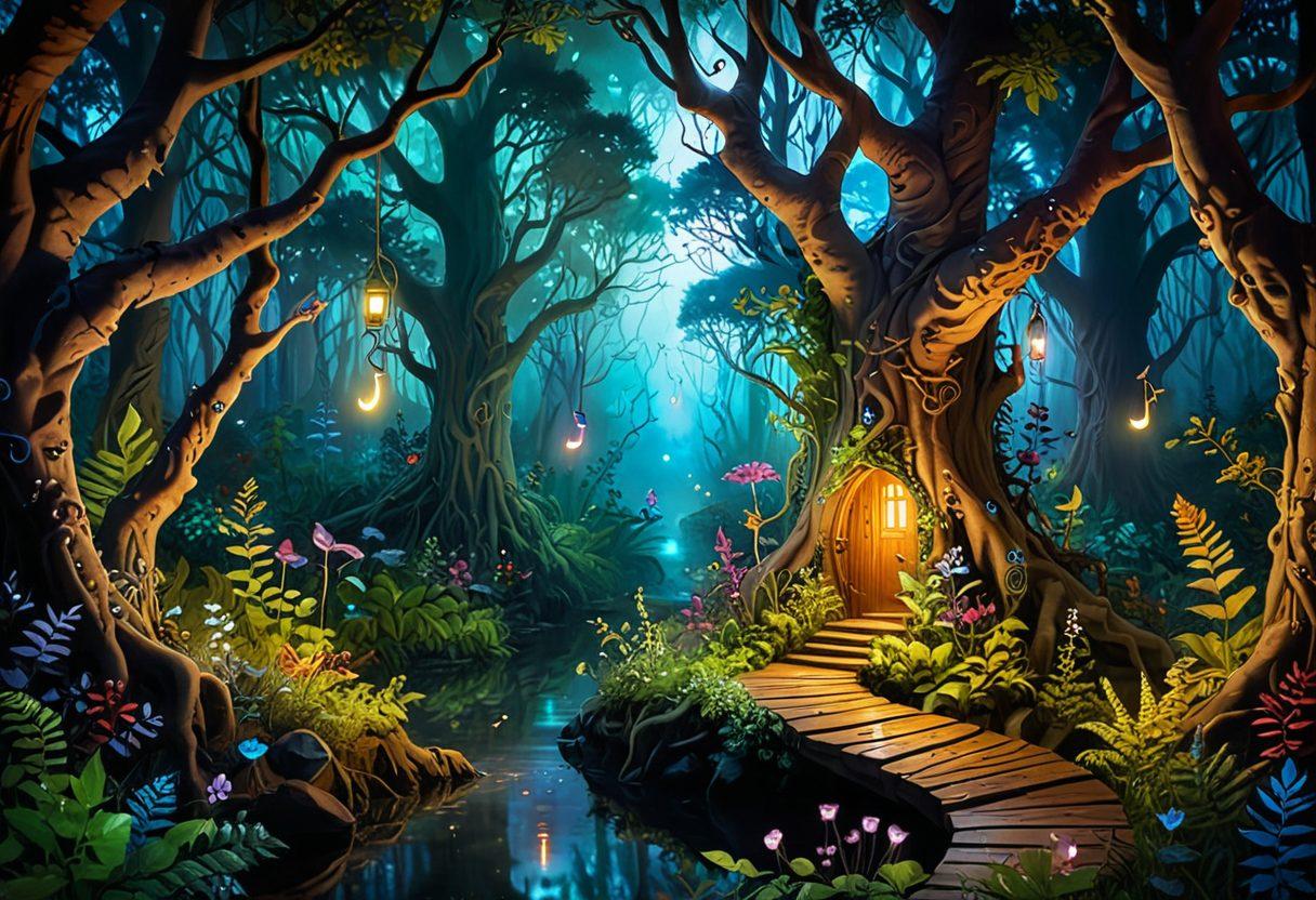 A vibrant, whimsical landscape featuring a mystical forest filled with glowing musical notes and hidden pathways leading to small stages where unsigned artists perform. Diverse musical instruments are scattered throughout, surrounded by enchanted flora and fauna. A sense of exploration and discovery is captured with sparkling lights and curious creatures observing from the shadows. The scene should evoke a sense of wonder and inspiration. super-realistic. vibrant colors. fantasy art.